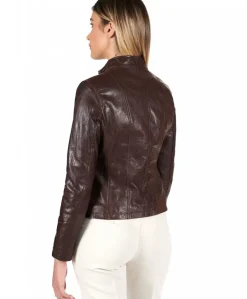 Donna D'Arienzo Vale - Giacca biker in pelle testa di moro effetto vintage collo coreana