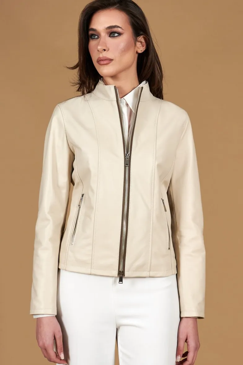Donna D'Arienzo Vale - Giacca in pelle color crema profili fango colletto coreana
