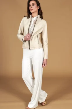Donna D'Arienzo Vale - Giacca in pelle color crema profili fango colletto coreana
