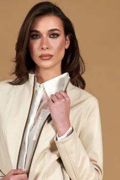 Donna D'Arienzo Vale - Giacca in pelle color crema profili fango colletto coreana