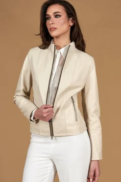 Donna D'Arienzo Vale - Giacca in pelle color crema profili fango colletto coreana