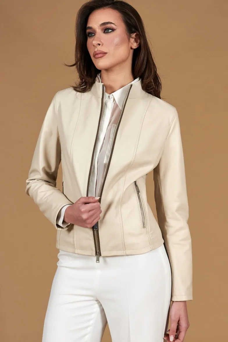Donna D'Arienzo Vale - Giacca in pelle color crema profili fango colletto coreana