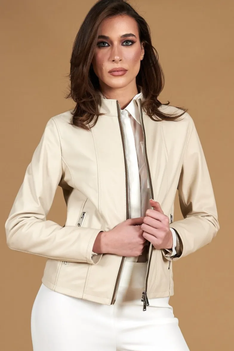 Donna D'Arienzo Vale - Giacca in pelle color crema profili fango colletto coreana