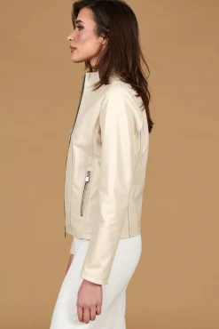 Donna D'Arienzo Vale - Giacca in pelle color crema profili fango colletto coreana