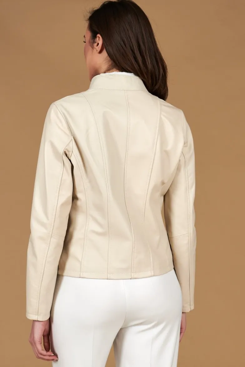 Donna D'Arienzo Vale - Giacca in pelle color crema profili fango colletto coreana