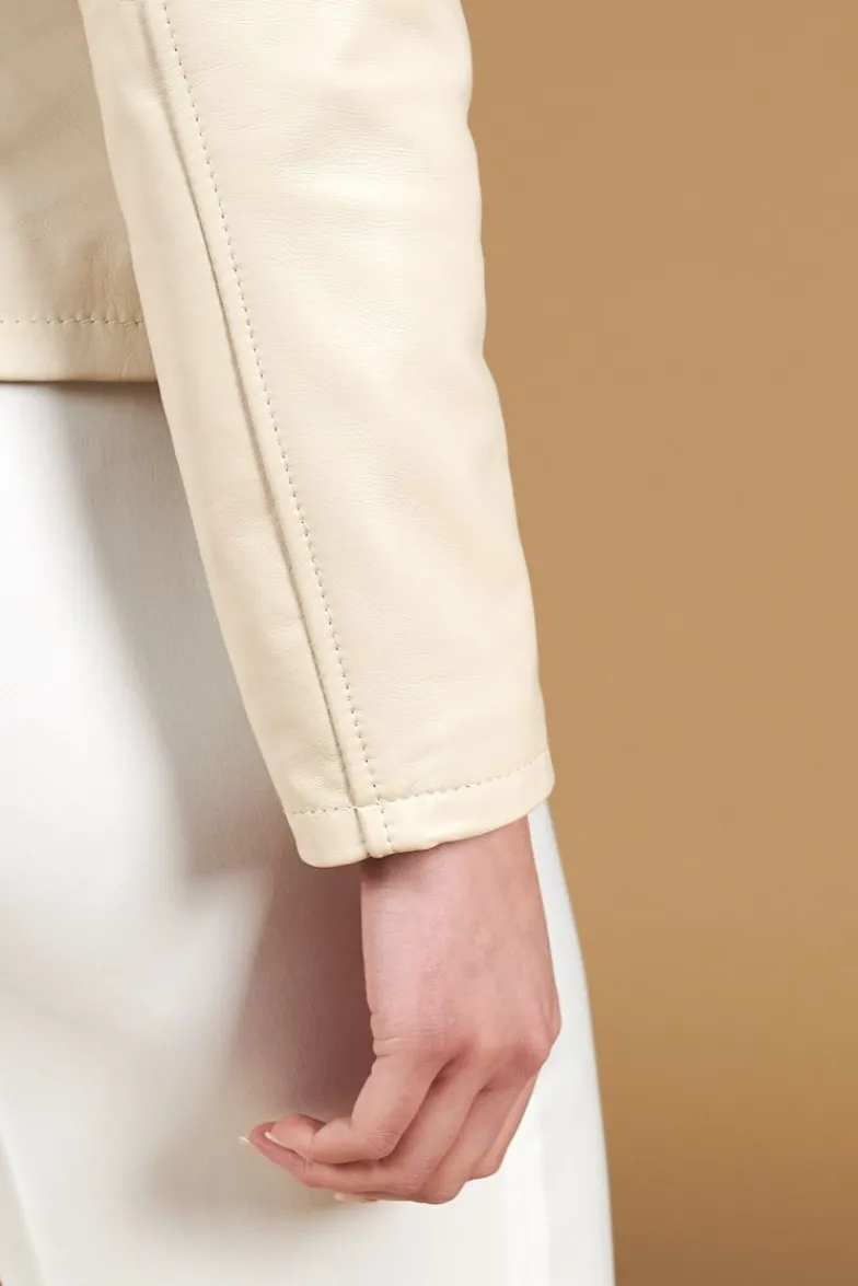 Donna D'Arienzo Vale - Giacca in pelle color crema profili fango colletto coreana