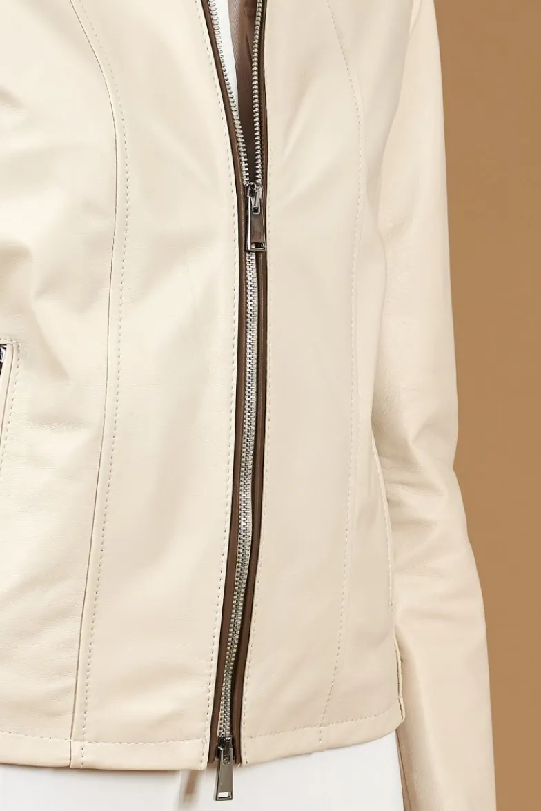 Donna D'Arienzo Vale - Giacca in pelle color crema profili fango colletto coreana