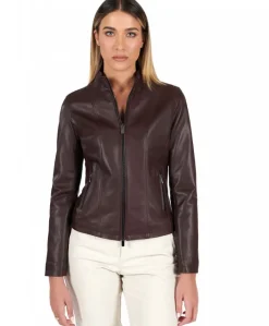 Donna D'Arienzo Vale - Giacca in pelle naturale bordeaux effetto liscio colletto coreana