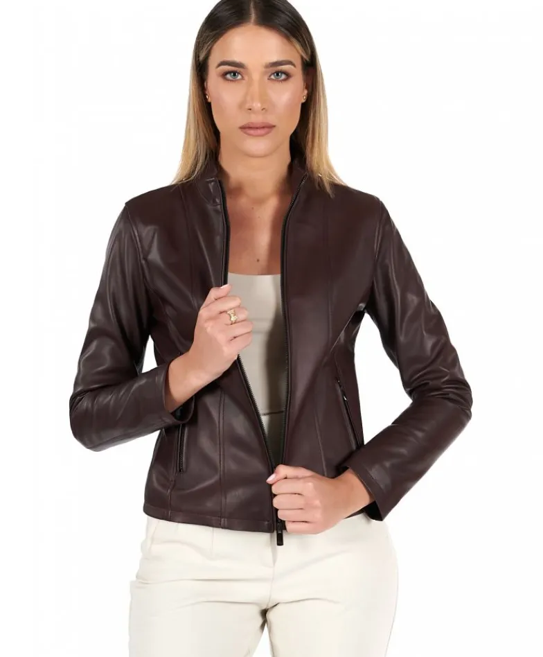 Donna D'Arienzo Vale - Giacca in pelle naturale bordeaux effetto liscio colletto coreana