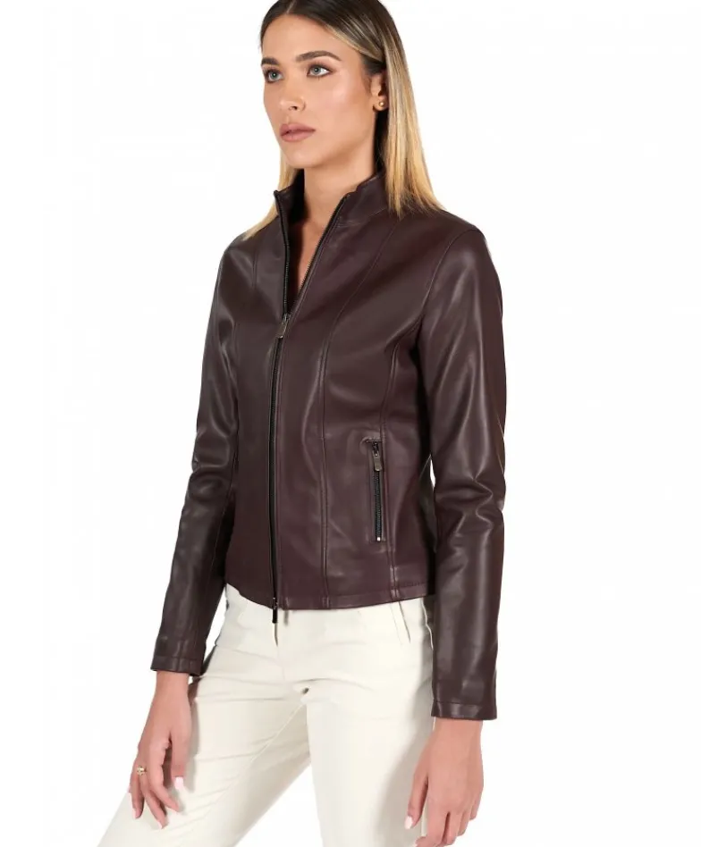 Donna D'Arienzo Vale - Giacca in pelle naturale bordeaux effetto liscio colletto coreana
