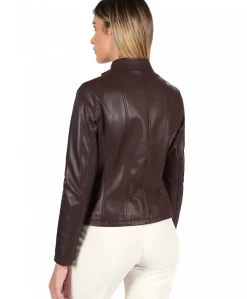 Donna D'Arienzo Vale - Giacca in pelle naturale bordeaux effetto liscio colletto coreana