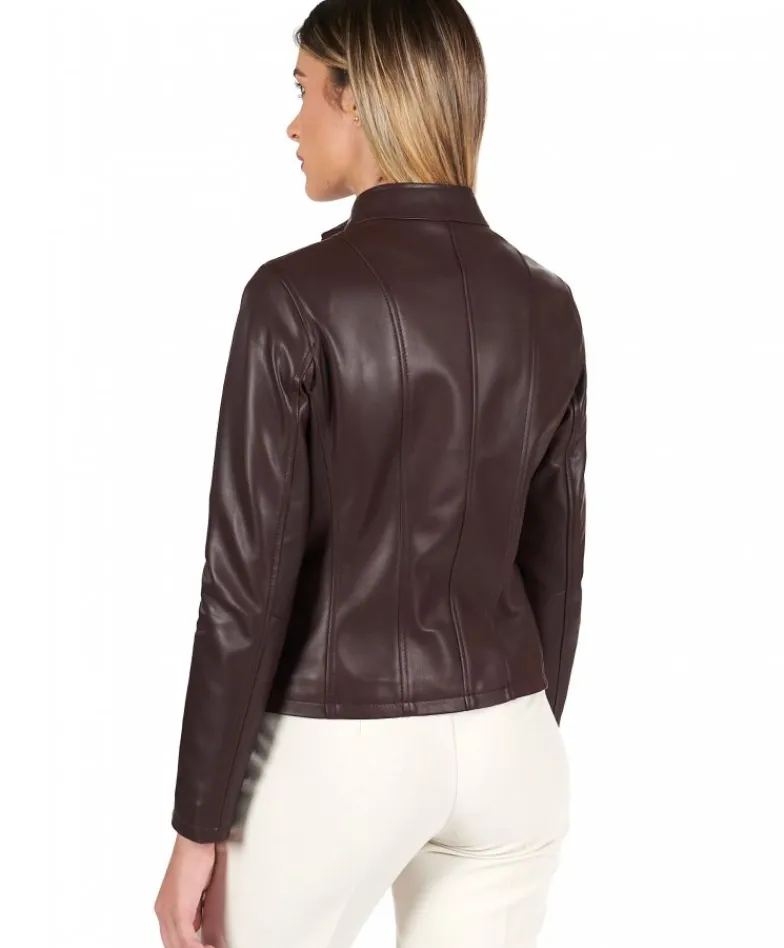 Donna D'Arienzo Vale - Giacca in pelle naturale bordeaux effetto liscio colletto coreana