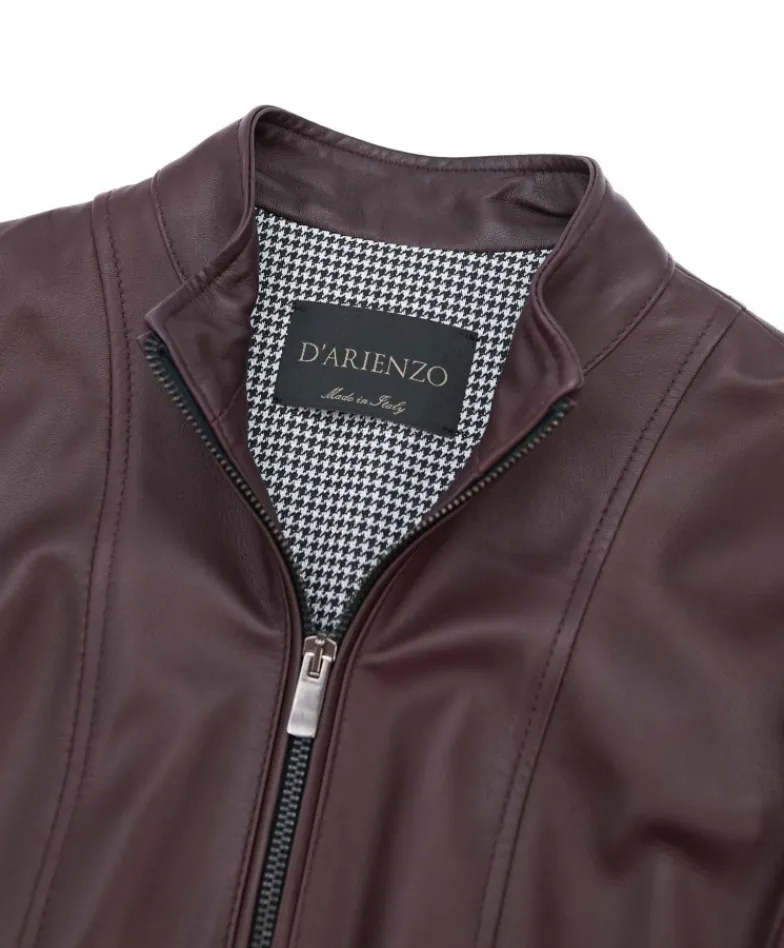 Donna D'Arienzo Vale - Giacca in pelle naturale bordeaux effetto liscio colletto coreana