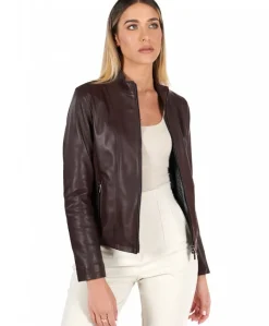 Donna D'Arienzo Vale - Giacca in pelle naturale bordeaux effetto liscio colletto coreana
