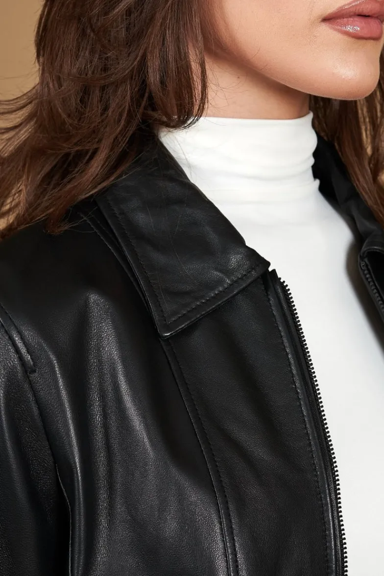 Donna D'Arienzo Vale Cam - Giacca in pelle nera nappa effetto liscio colletto camicia