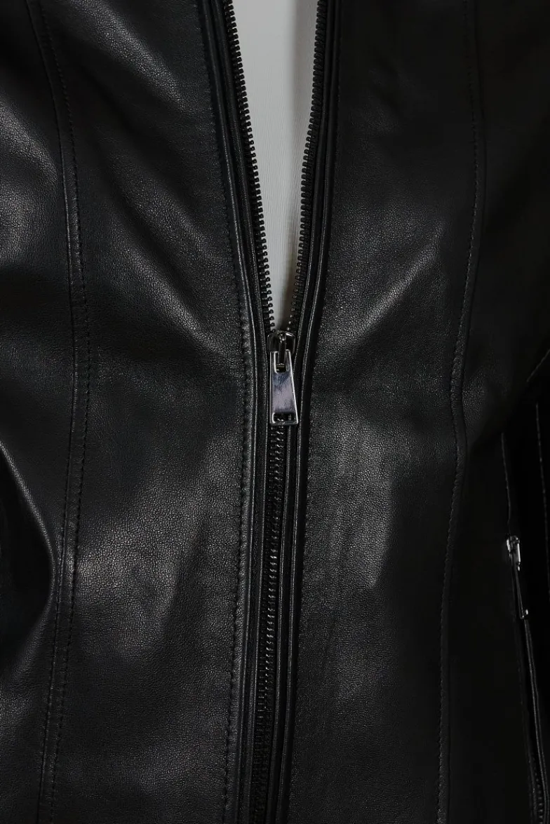Donna D'Arienzo Vale Cam - Giacca in pelle nera nappa effetto liscio colletto camicia