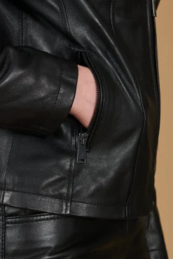 Donna D'Arienzo Vale Cam - Giacca in pelle nera nappa effetto liscio colletto camicia