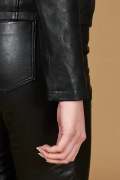 Donna D'Arienzo Vale Cam - Giacca in pelle nera nappa effetto liscio colletto camicia