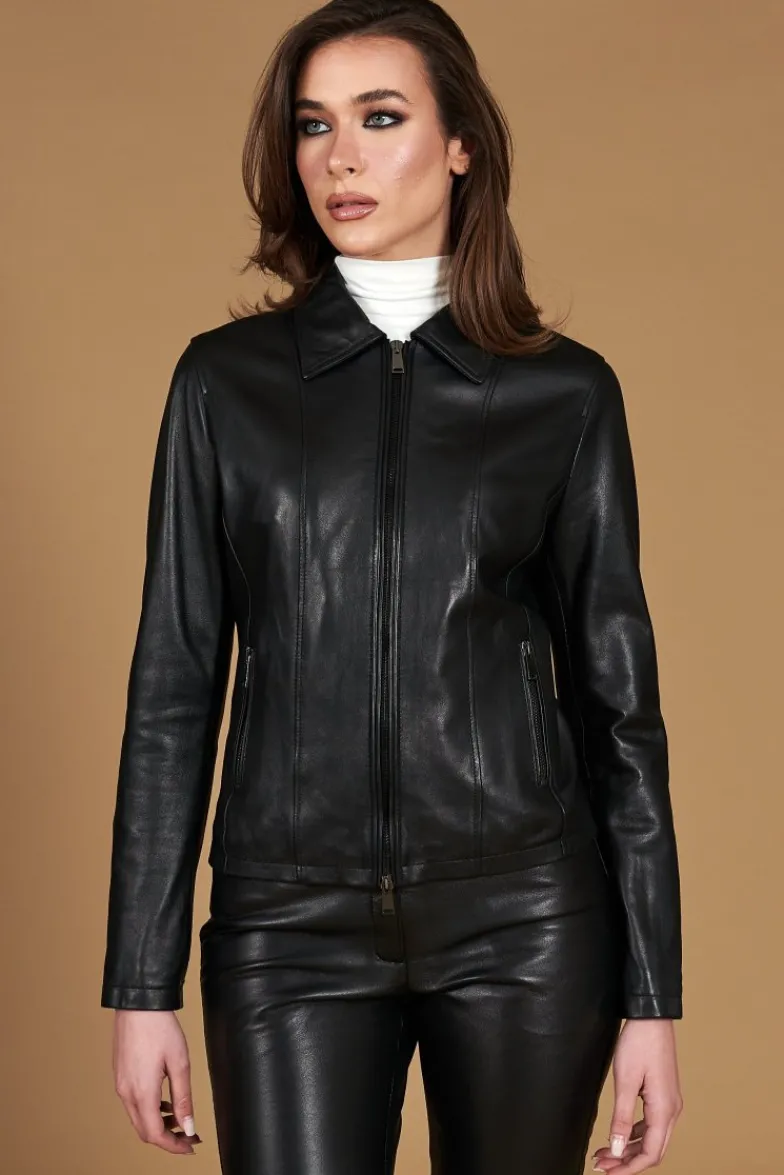 Donna D'Arienzo Vale Cam - Giacca in pelle nera nappa effetto liscio colletto camicia