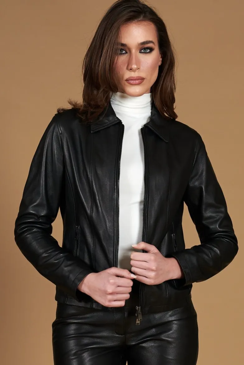 Donna D'Arienzo Vale Cam - Giacca in pelle nera nappa effetto liscio colletto camicia