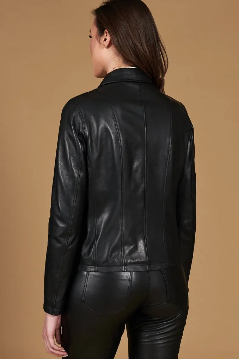 Donna D'Arienzo Vale Cam - Giacca in pelle nera nappa effetto liscio colletto camicia