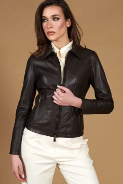 Donna D'Arienzo Vale Cam - Giacca in pelle naturale testa di moro effetto liscio colletto camicia
