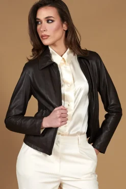Donna D'Arienzo Vale Cam - Giacca in pelle naturale testa di moro effetto liscio colletto camicia
