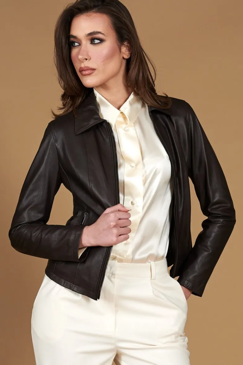 Donna D'Arienzo Vale Cam - Giacca in pelle naturale testa di moro effetto liscio colletto camicia