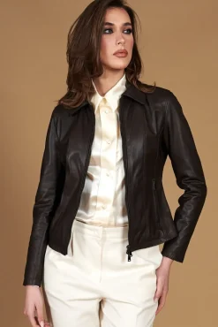 Donna D'Arienzo Vale Cam - Giacca in pelle naturale testa di moro effetto liscio colletto camicia
