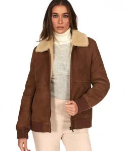Donna D'Arienzo Vera - Bomber in montone scamosciato color cuoio colletto a contrasto