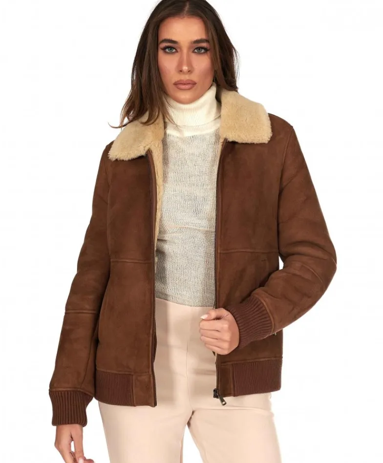 Donna D'Arienzo Vera - Bomber in montone scamosciato color cuoio colletto a contrasto