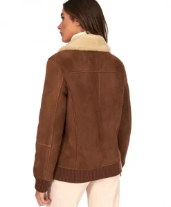 Donna D'Arienzo Vera - Bomber in montone scamosciato color cuoio colletto a contrasto