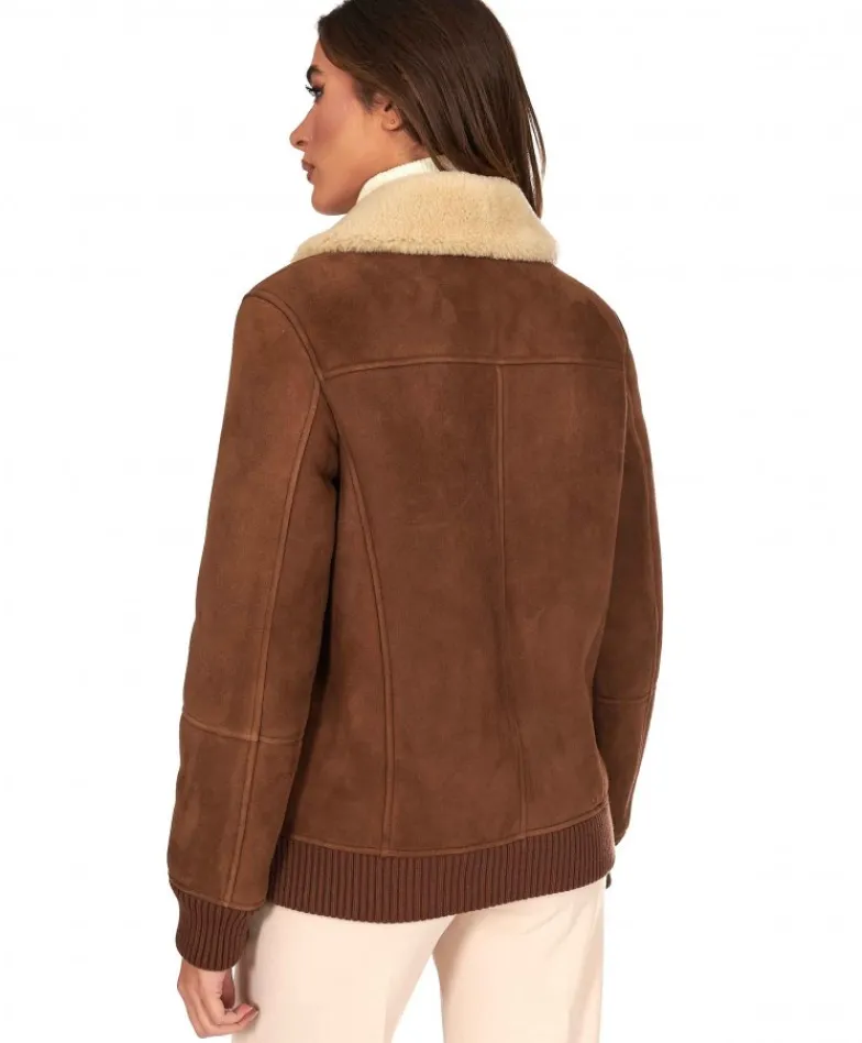 Donna D'Arienzo Vera - Bomber in montone scamosciato color cuoio colletto a contrasto