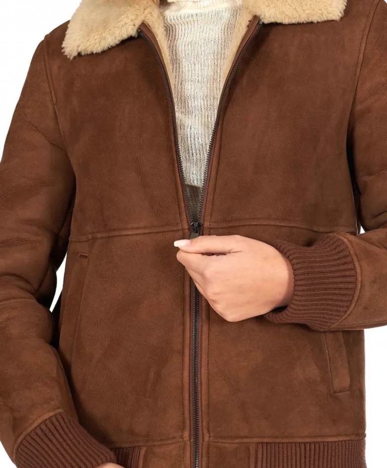 Donna D'Arienzo Vera - Bomber in montone scamosciato color cuoio colletto a contrasto