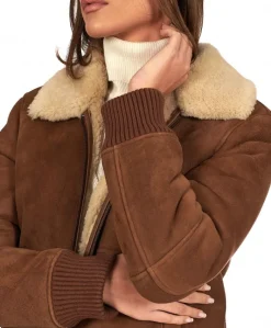 Donna D'Arienzo Vera - Bomber in montone scamosciato color cuoio colletto a contrasto