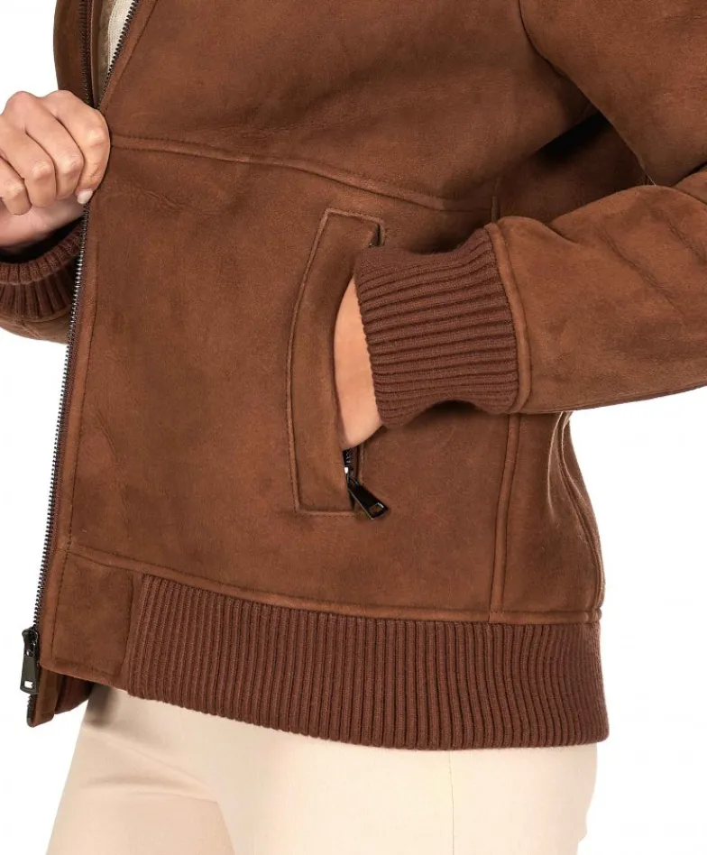 Donna D'Arienzo Vera - Bomber in montone scamosciato color cuoio colletto a contrasto