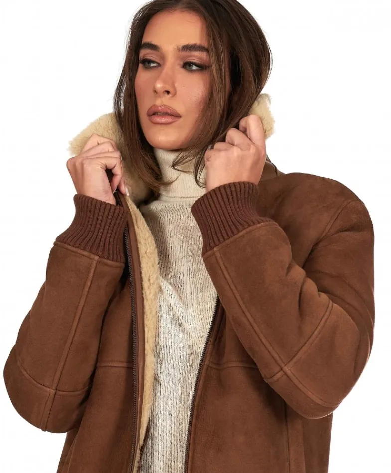 Donna D'Arienzo Vera - Bomber in montone scamosciato color cuoio colletto a contrasto