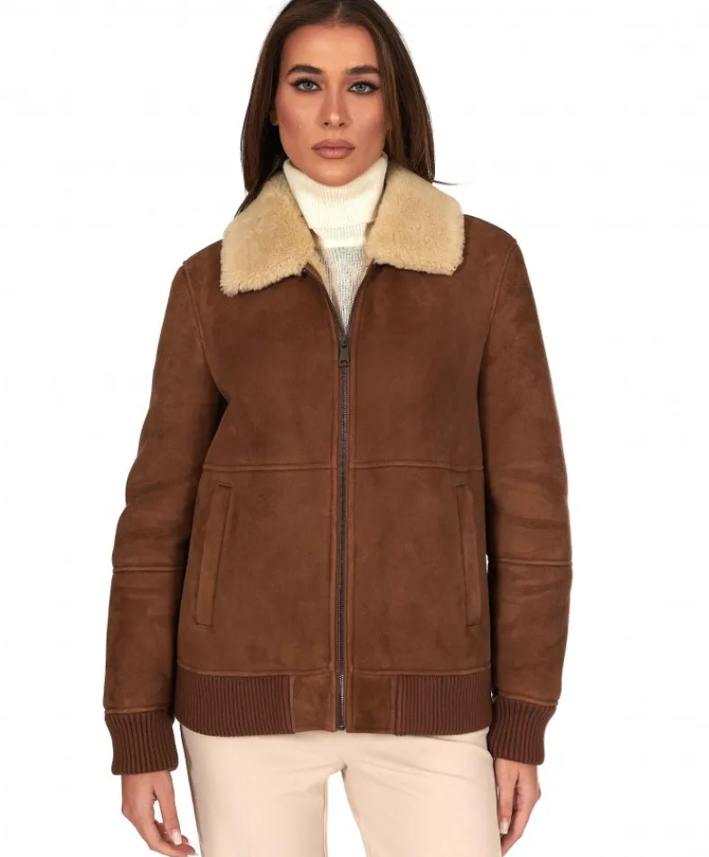 Donna D'Arienzo Vera - Bomber in montone scamosciato color cuoio colletto a contrasto