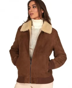 Donna D'Arienzo Vera - Bomber in montone scamosciato color cuoio colletto a contrasto