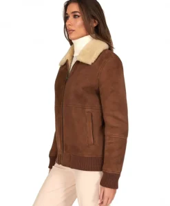 Donna D'Arienzo Vera - Bomber in montone scamosciato color cuoio colletto a contrasto