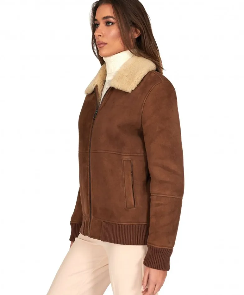 Donna D'Arienzo Vera - Bomber in montone scamosciato color cuoio colletto a contrasto