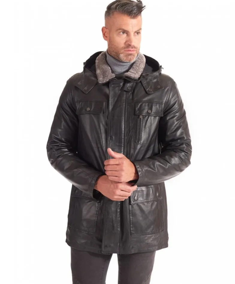 Uomo D'Arienzo Vittorio - Cappotto in pelle nera con cappuccio staccabile
