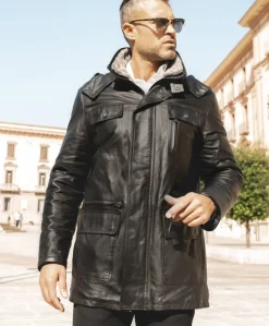 Uomo D'Arienzo Vittorio - Cappotto in pelle nera con cappuccio staccabile
