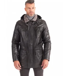 Uomo D'Arienzo Vittorio - Cappotto in pelle nera con cappuccio staccabile