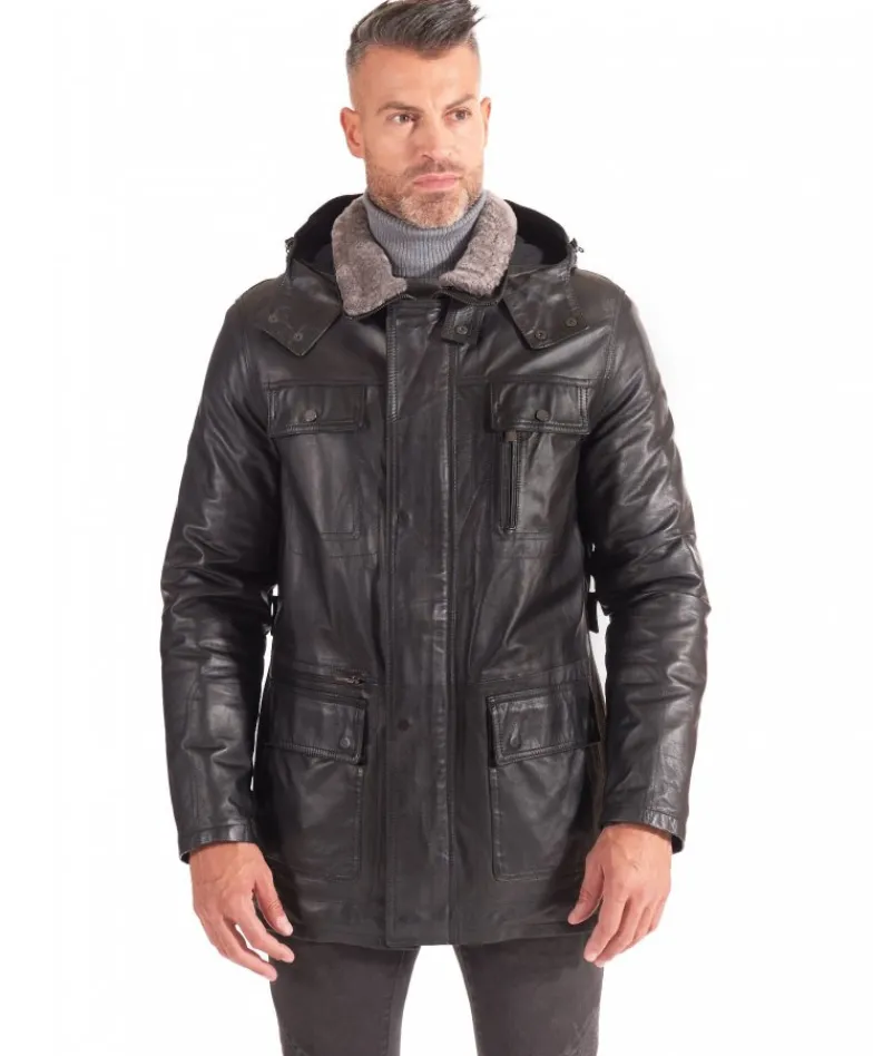 Uomo D'Arienzo Vittorio - Cappotto in pelle nera con cappuccio staccabile