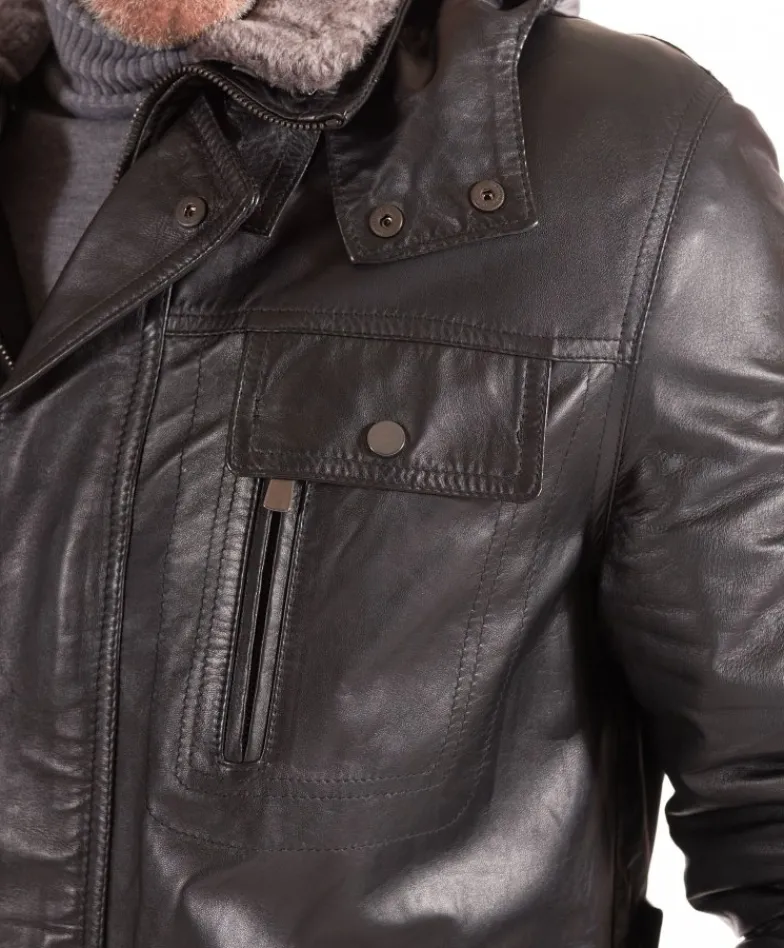 Uomo D'Arienzo Vittorio - Cappotto in pelle nera con cappuccio staccabile