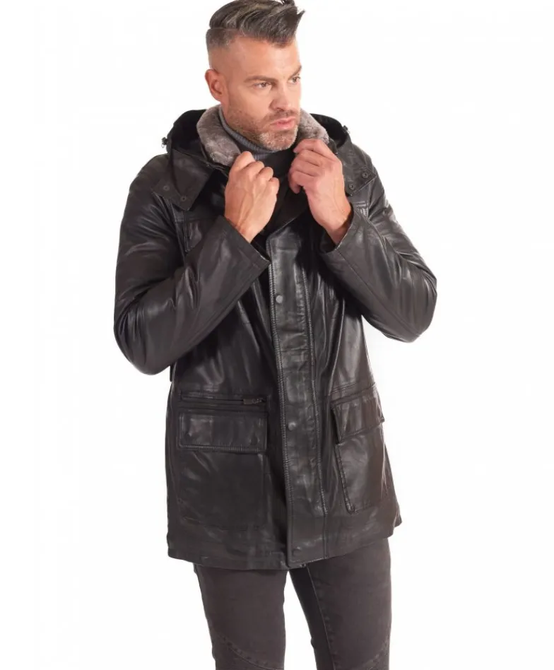 Uomo D'Arienzo Vittorio - Cappotto in pelle nera con cappuccio staccabile