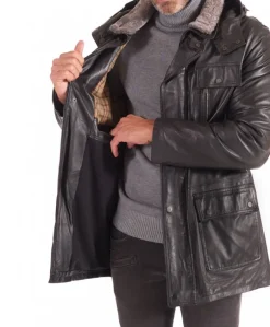 Uomo D'Arienzo Vittorio - Cappotto in pelle nera con cappuccio staccabile