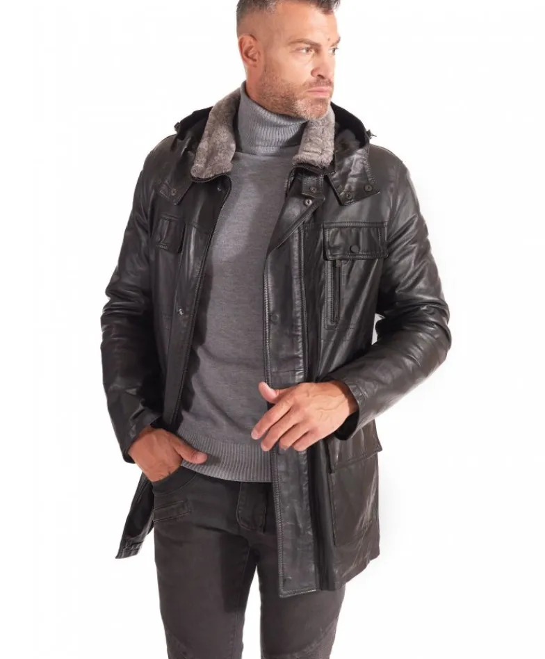 Uomo D'Arienzo Vittorio - Cappotto in pelle nera con cappuccio staccabile