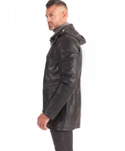 Uomo D'Arienzo Vittorio - Cappotto in pelle nera con cappuccio staccabile